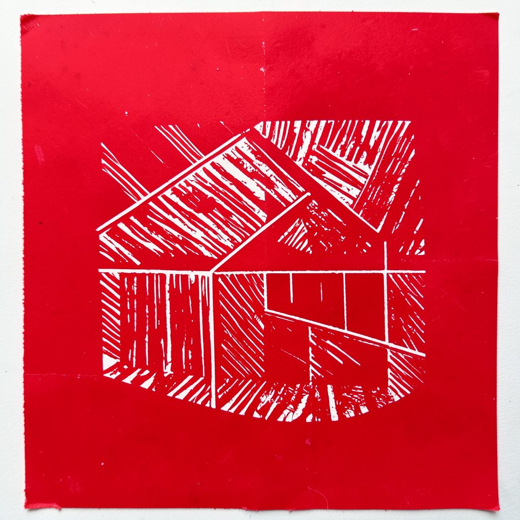 Texture de peau humaine en linogravure, motifs superposés en tons chair et brun doux, aspect organique