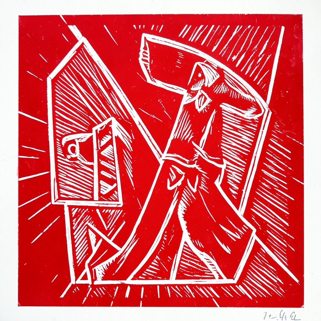 Représentation stylisée d'un cœur anatomique en linogravure, rouge profond et noir sur fond blanc cassé