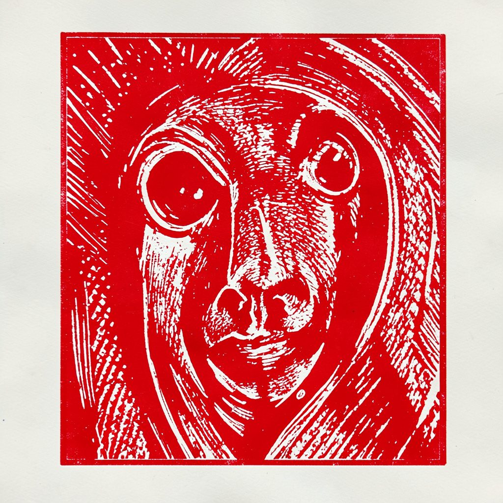 Linogravure stylisée d'une molécule d'ADN en spirale, gravée en rouge brique et blanc sur fond clair, ambiance studieuse et chaleureuse