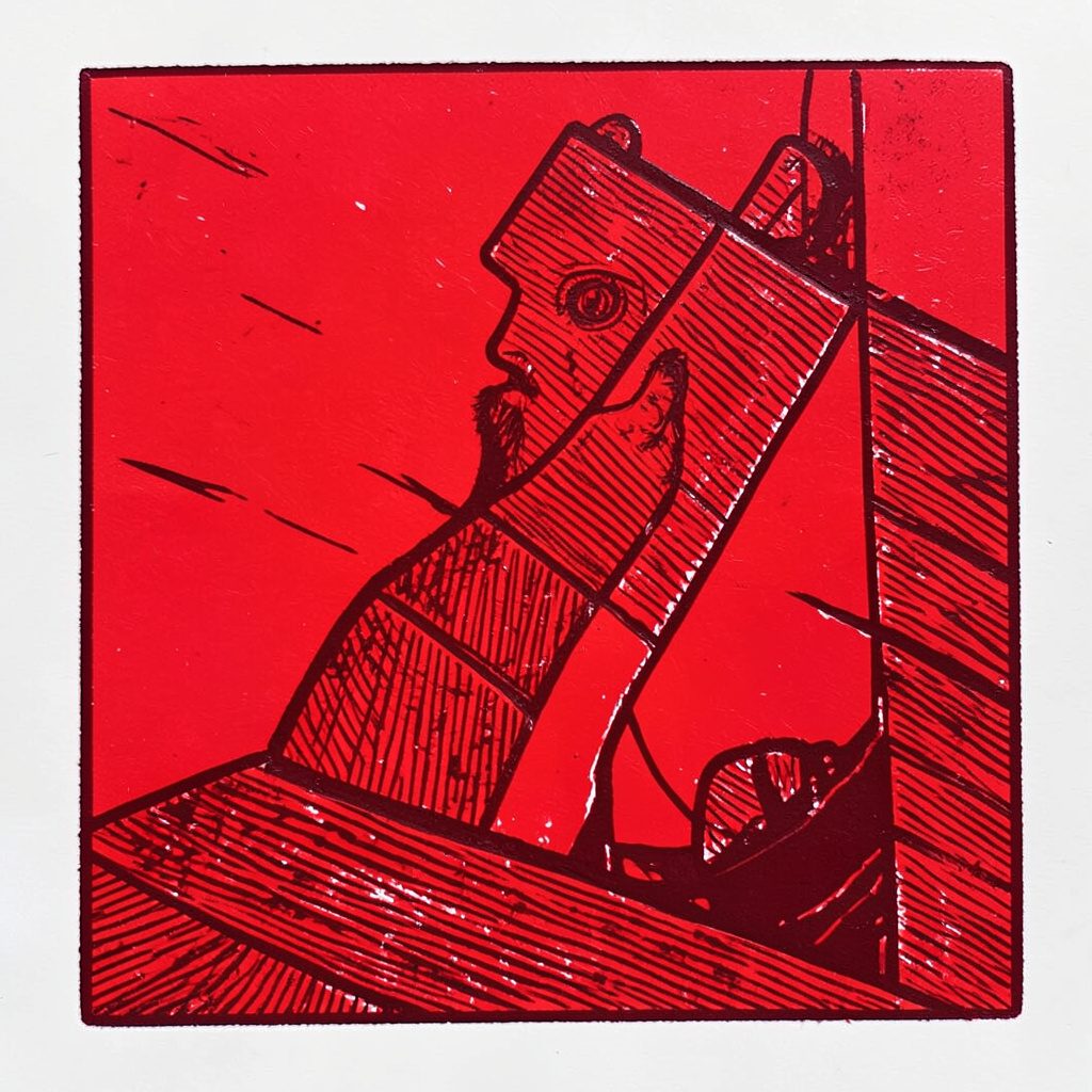 Motif abstrait évoquant une structure cellulaire en linogravure, tons terre de Sienne et ocre sur fond crème