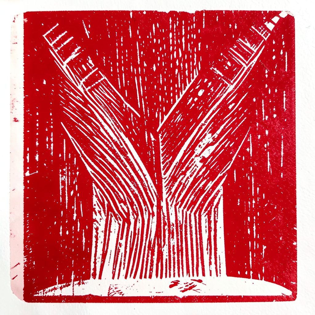 Composition abstraite en linogravure évoquant des cellules et des connexions, tons bleu-gris et blanc sur fond sombre
